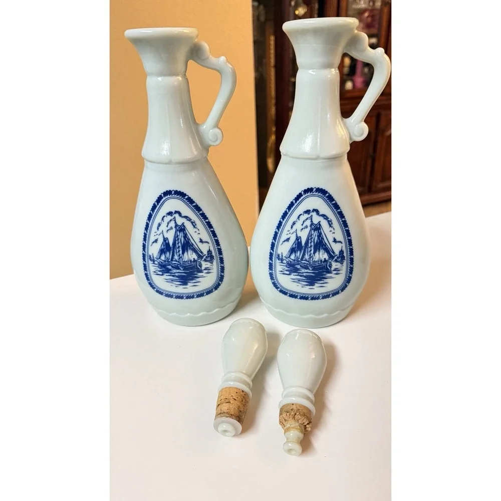 1963 Jim Beam Milk Glass Decanter Set Delft Blue‎ Sailing Ship Bottle Pair Vtg